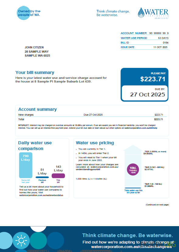 Australia Water Corporation utility bill template in Word and PDF formats